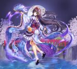  1girl architecture back_bow black_hair blue_eyes bow bridge cherry_blossoms dual_wielding east_asian_architecture floral_print folding_fan full_body full_moon hair_ornament hair_ribbon hair_stick hand_fan holding holding_fan japanese_clothes kimono long_hair looking_back lunacle moon night night_sky obi official_art red_ribbon revived_witch ribbon sash sky solo tabi thigh_strap water wide_sleeves yukata 