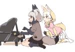  2girls :o animal_ears arm_support bangs bat-eared_fox_(kemono_friends) black_bow black_eyes black_footwear black_skirt blonde_hair blush_stickers bow bowtie brown_shirt closed_mouth extra_ears eyebrows_visible_through_hair eyes_visible_through_hair fennec_(kemono_friends) fox_ears fox_girl fox_tail from_side full_body fur-trimmed_legwear fur-trimmed_sleeves fur_trim furrowed_brow gloves grand_piano grey_bow grey_bowtie grey_gloves grey_hair grey_legwear hair_between_eyes hands_up instrument japari_symbol japari_symbol_print kemono_friends kneehighs leaning_forward loafers looking_away mini_piano miniskirt multicolored_hair multiple_girls music parted_lips piano pink_sweater playing_instrument playing_piano pleated_skirt profile puffy_short_sleeves puffy_sleeves rumenia_(ao2is) shirt shoes short_hair short_sleeve_sweater short_sleeves sideways_mouth simple_background sitting sketch skirt smile sweater tail wariza white_background white_footwear white_gloves white_hair white_skirt yellow_bow yellow_bowtie 