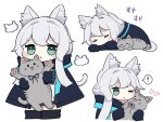  1girl animal_ears arknights bangs blush_stickers bolo_tie cat cat_ears cat_girl cat_tail chibi cloak closed_eyes green_eyes highres hood hood_down hooded_cloak infection_monitor_(arknights) long_hair rosmontis_(arknights) silver_hair sleeping solo someyaya tail tongue tongue_out 