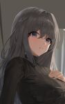  1girl bangs black_sweater breasts grey_background hair_between_eyes hair_intakes highres large_breasts long_hair looking_at_viewer original parted_lips pray_(furei) purple_eyes ribbed_sweater shiny shiny_hair silver_hair solo straight_hair sweater turtleneck turtleneck_sweater upper_body 
