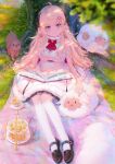  1girl ahoge andychen animal animal_ears bangs black_footwear blonde_hair blue_eyes blurry blurry_foreground blush book breasts chips closed_mouth commentary_request day dress eyebrows_visible_through_hair food full_body fur-trimmed_dress fur_trim grass hair_ornament hairclip highres hololive horns kneehighs large_breasts loafers long_hair looking_at_viewer open_book outdoors petting potato_chips revision sheep sheep_ears sheep_girl sheep_horns shoes sitting sleeveless sleeveless_dress smile solo tiered_tray tsunomaki_watame very_long_hair virtual_youtuber white_dress white_legwear 