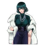  1girl absurdres bangs breasts cowboy_shot diegodraws eyebrows_visible_through_hair fubuki_(one-punch_man) green_eyes green_hair highres jewelry large_breasts long_sleeves looking_at_viewer necklace one-punch_man parted_lips ring shirt short_hair simple_background solo teeth white_background 