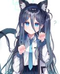  1girl animal_ears arisu_(blue_archive) blue_archive blue_eyes blush cat_ears cat_tail check_commentary commentary_request dark_blue_hair halo headband highres long_hair looking_at_viewer necktie nekomimi_mode_(tsukuyomi) paw_pose school_uniform sese_nagi smile solo tail white_background 