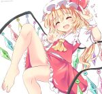 1girl ^_^ artist_name ascot bangs barefoot blonde_hair blush bow closed_eyes commentary_request double_w eyebrows_visible_through_hair fang feet flandre_scarlet hat highres knee_up legs long_hair mob_cap one-hour_drawing_challenge open_mouth panties pantyshot ramudia_(lamyun) red_bow red_skirt side_ponytail simple_background skin_fang skirt smile solo touhou twitter_username underwear w white_background white_panties wings 