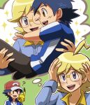  2boys ? ahoge angry ash_ketchum black_hair blonde_hair blue_eyes blue_jumpsuit blue_track_suit blush carrying clemont_(pokemon) confused eyebrows_visible_through_hair fantasy green_background imagining looking_at_another multiple_boys pikachu pokemon pokemon_(anime) pokemon_(creature) pokemon_xy_(anime) princess_carry raia26 simple_background sparkle spiked_hair thought_bubble upper_body yaoi yellow_collar 