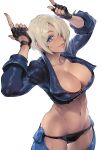  1girl abs angel_(kof) arms_up blue_eyes boots bra breasts chaps cowboy_boots cropped_jacket crotchless crotchless_pants finger_horns fingerless_gloves gloves hair_over_one_eye highres horns_pose index_fingers_raised jacket kin_mokusei large_breasts leather leather_jacket lips looking_at_viewer midriff pants snk solo strapless strapless_bra the_king_of_fighters the_king_of_fighters_2001 the_king_of_fighters_xiv the_king_of_fighters_xv toned underwear white_background white_hair 