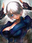  1girl absurdres angel_(kof) arms_up blue_eyes bra breasts cropped_jacket finger_horns fingerless_gloves gloves hair_over_one_eye highres horns_pose index_fingers_raised jacket large_breasts leather leather_jacket snk solo strapless strapless_bra the_king_of_fighters the_king_of_fighters_2001 the_king_of_fighters_xiv the_king_of_fighters_xv toned underwear white_hair yohane_shimizu 