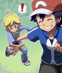  ! 2boys ^_^ ^o^ ahoge ash_ketchum baseball_cap black_hair blonde_hair blue_eyes blue_jumpsuit blue_track_suit blush clemont_(pokemon) closed_eyes forest glasses grin hat holding_another&#039;s_wrist multiple_boys nature pokemon pokemon_(anime) pokemon_xy_(anime) raia26 red_headwear running smile spiked_hair yaoi 