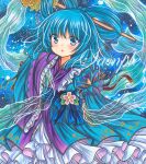  1girl :o blue_background blue_bow blue_dress blue_eyes blue_hair blue_ribbon blue_theme bow cowboy_shot dress eyebrows_visible_through_hair floral_print flower frilled_sleeves frills hagoromo hair_ornament hair_rings hair_stick kaku_seiga long_hair long_sleeves looking_at_viewer marker_(medium) open_mouth pink_flower red_ribbon ribbon rui_(sugar3) sample shawl solo touhou traditional_media wide_sleeves 