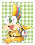  1boy :d ^_^ blush border bracelet closed_eyes dr._mario_(game) dr._mario_world full_body happy jewelry katanagi1129 koopalings lemmy_koopa male_focus mario_(series) multicolored_hair open_mouth outside_border patterned_background smile solo spiked_bracelet spikes white_border 