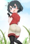  1girl ass ass_focus backpack bag black_eyes black_gloves black_hair black_legwear blush chis_(js60216) gloves grass hair_between_eyes hat_feather helmet highres kaban_(kemono_friends) kemono_friends looking_at_viewer pants pantyhose pith_helmet red_shirt shirt short_hair shorts solo tight tight_pants wavy_hair 