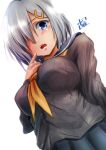  1girl blue_eyes blue_sailor_collar blue_skirt blush breasts brown_sweater eyebrows_visible_through_hair from_below hair_ornament hair_over_one_eye hairclip hamakaze_(kancolle) highres kantai_collection large_breasts looking_at_viewer looking_down mizuya_chiharu neckerchief open_mouth ribbed_sweater sailor_collar school_uniform serafuku short_hair silver_hair skirt solo standing sweater white_background yellow_neckerchief 