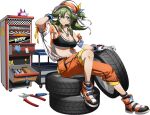  1girl angelica_(langrisser) armpits bangs black_bra bra breasts cleavage closed_mouth collarbone full_body gloves green_hair hair_between_eyes hand_on_headwear headphones headset jacket jewelry langrisser langrisser_mobile large_breasts long_hair looking_at_viewer microphone midriff navel off_shoulder official_art open_clothes open_jacket orange_pants pants pendant purple_eyes shiny shiny_hair short_sleeves sitting smile solo sports_bra stomach transparent_background underwear white_gloves white_jacket 