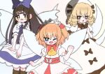  3girls apron bangs blonde_hair blue_bow blue_eyes blunt_bangs blush_stickers boots bow bowtie brown_bow brown_bowtie brown_eyes brown_footwear brown_hair chestnut_mouth collared_dress dotaku_(wran8845) dress dress_bow drill_hair eyebrows_visible_through_hair fairy fairy_wings fang hair_bow hairband hands_on_own_chest jitome knee_boots layered_dress long_hair looking_at_viewer luna_child multiple_girls one_eye_closed open_mouth orange_hair puffy_short_sleeves puffy_sleeves red_bow red_dress shoes short_hair short_sleeves sidelocks star_sapphire straight_hair sunny_milk touhou two_side_up waist_apron waist_bow white_background white_bow white_dress wings yellow_eyes 