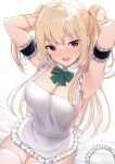  1girl apron armpits arms_up bangs blonde_hair blush bow breasts cleavage commentary_request eyebrows_visible_through_hair green_bow large_breasts long_hair looking_at_viewer maid naked_apron nekokobushi open_mouth original red_eyes simple_background sitting solo two_side_up white_apron white_background white_legwear 