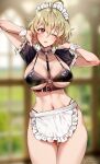  1girl ;o ahoge apron arms_up artist_name bangs belt_buckle between_breasts bikini black_bikini blonde_hair blurry blurry_background blush breasts buckle cleavage cowboy_shot depth_of_field detached_sleeves eyebrows_visible_through_hair foxyreine frilled_apron frilled_sleeves frills highres large_breasts looking_at_viewer maid_headdress navel neck_garter o-ring one_eye_closed original parted_lips puffy_short_sleeves puffy_sleeves red_eyes short_hair short_sleeves signature solo stomach swimsuit thigh_gap thong_bikini toned underboob underbust waist_apron white_apron 