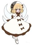  1girl bangs blonde_hair blush_stickers bow bowtie brown_bow brown_bowtie brown_eyes chestnut_mouth collared_dress dotaku_(wran8845) dress dress_bow drill_hair fairy fairy_wings hands_on_own_chest jitome luna_child mary_janes open_mouth puffy_short_sleeves puffy_sleeves shoes short_hair short_sleeves solo touhou waist_bow white_background white_dress wings 