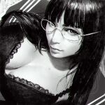  1girl bangs blunt_bangs bra breasts cleavage from_above glasses greyscale ilya_kuvshinov long_hair looking_at_viewer monochrome photo-referenced realistic smile solo underwear 