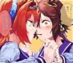 2girls animal_ears brown_hair commentary_request daiwa_scarlet_(umamusume) ear_ornament eyebrows_visible_through_hair eyes_visible_through_hair food hair_intakes hair_ornament hair_over_one_eye highres long_hair long_sleeves low_ponytail multiple_girls orange_eyes partial_commentary pocky pocky_kiss purple_shirt red_eyes red_hair sailor_collar sailor_shirt school_uniform shirt sketch speech_bubble sweat sweating_profusely tark_(318) thought_bubble tiara tracen_school_uniform translated umamusume vodka_(umamusume) winter_uniform yuri 
