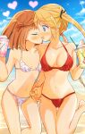  2girls bangs barefoot beach bikini black_ribbon blonde_hair blue_eyes blue_sky blush bob_cut breasts brown_hair closed_eyes closed_mouth cloud cloudy_sky commentary cup day disposable_cup drink facing_another floral_print hair_ornament hair_ribbon hairclip halterneck heart highres holding holding_cup holding_hands horizon interlocked_fingers kiss leg_up long_hair looking_at_another medium_breasts multiple_girls navel open_mouth original outdoors print_bikini red_bikini ribbon short_hair sky small_breasts smile sparkle standing standing_on_one_leg string_bikini sweatdrop swimsuit tachi_(gutsutoma) thigh_gap twintails yuri 