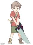  1boy arakokra brown_eyes brown_hair child commentary eyebrows_visible_through_hair fantasy heavy highres hilt looking_down male_focus original red_shirt shirt shorts socks solo sword weapon white_background 