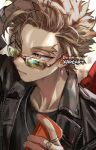 1boy accessories adjusting_hair artist_name black_jacket black_shirt blonde_hair blurry blurry_background boku_no_hero_academia chain collarbone earrings facial_hair forehead glasses goatee hawks_(boku_no_hero_academia) holding holding_phone jacket jewelry kadeart male_focus parted_lips phone reflection ringlets shirt short_hair solo spiked_hair stubble thick_eyebrows upper_body watch wings wristwatch yellow_eyes 