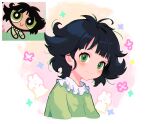  1girl black_hair buttercup_(ppg) buttercup_redraw_challenge closed_mouth frilled_shirt frills green_eyes green_pajamas green_shirt highres looking_at_viewer messy_hair minj_kim multicolored_background powerpuff_girls reference_inset shirt short_hair smile 