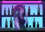  1girl bar bartender bottle cigarette commentary english_commentary highres jill_stingray long_hair long_sleeves looking_at_viewer necktie neon_lights orekifag parted_lips ponytail purple_eyes shirt smoking solo upper_body va-11_hall-a vest white_shirt 