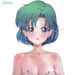  1girl artist_name bangs bishoujo_senshi_sailor_moon blue_eyes blue_hair blue_nails blush collarbone covering covering_breasts earrings facial_mark fingernails forehead_mark green_hair highres jewelry light_particles light_smile looking_at_viewer mercury_symbol mizuno_ami multicolored_hair parted_bangs shimura_kenshirou short_hair simple_background solo stud_earrings upper_body white_background 