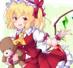  1girl :d aka_tawashi arm_up ascot back_bow bangs blonde_hair blush bow breasts buttons commentary_request crystal eyebrows_visible_through_hair eyelashes fang fingernails flandre_scarlet frilled_skirt frills happy hat hat_bow hat_ribbon holding holding_stuffed_toy index_finger_raised medium_breasts mob_cap one_side_up open_mouth petticoat puffy_short_sleeves puffy_sleeves red_bow red_eyes red_ribbon red_skirt red_vest ribbon sash shiny shiny_hair shirt short_hair short_sleeves side_ponytail skirt smile solo standing stuffed_animal stuffed_toy teddy_bear touhou vest white_sash white_shirt wings wrist_cuffs yellow_ascot 