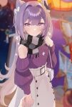  1girl bangs blush breasts casual genshin_impact grey_scarf hair_cones highres keqing_(genshin_impact) lempika long_hair long_sleeves looking_at_viewer medium_breasts off-shoulder_sweater off_shoulder purple_eyes purple_hair purple_sweater scarf smile solo sweater swept_bangs twintails 