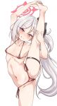  1girl absurdres bikini blue_archive breasts flower hair_flower hair_ornament halo highres long_hair machismo_fuji micro_bikini mutsuki_(blue_archive) purple_eyes side_ponytail simple_background small_breasts smile solo swimsuit tongue tongue_out white_background white_hair 