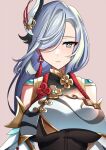  1girl bangs blue_eyes blush braid braided_ponytail breasts cas_cassis genshin_impact hair_ornament hair_over_one_eye large_breasts long_hair looking_at_viewer parted_lips shenhe_(genshin_impact) silver_hair solo very_long_hair 