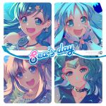  4girls :d artist_name asari_nanami bishoujo_senshi_sailor_moon blue_bow blue_choker blue_eyes blue_hair blue_sailor_collar blue_theme blush_stickers bow choker circlet closed_mouth collarbone crossover cure_marine earrings gloves hands_on_own_face heartcatch_precure! houshou_hanon idolmaster idolmaster_cinderella_girls jewelry kaiou_michiru kurumi_erika long_hair looking_at_viewer magical_girl marine_day mermaid_melody_pichi_pichi_pitch monicanc multiple_crossover multiple_girls necklace open_mouth power_connection precure sailor_collar sailor_neptune sailor_senshi_uniform smile star_(symbol) star_earrings white_gloves 