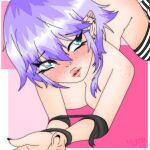  1girl bangs biting black_nails blue_eyes blush bound bound_arms breasts close-up eyebrows_visible_through_hair freckles hair_ornament highres lip_biting original pointy_ears purple_hair self_upload short_hair sidelocks solo source_request thighhighs white_hair 