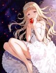  1girl absurdres apple bare_legs barefoot blonde_hair blush dengeki_moeou dress eyebrows_visible_through_hair floor food fruit highres hiten_(hitenkei) holding holding_food legs legs_up long_hair lying original petals purple_eyes scan solo strap_slip sundress white_dress 