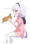  1girl bangs beads black_hairband blue_butterfly blue_eyes blunt_bangs blush bug butterfly chagama_teishoku commentary dragon_girl dragon_tail eating eyebrows_visible_through_hair food food_in_mouth food_on_face gradient_hair hair_beads hair_ornament hairband highres hot_dog kanna_kamui ketchup kobayashi-san_chi_no_maidragon light_purple_hair low_twintails multicolored_hair mustard pink_hair sausage simple_background sitting symbol-only_commentary tail thighhighs translated twintails white_background white_legwear 
