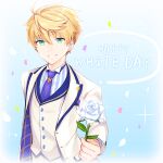  1boy arthur_pendragon_(fate) blonde_hair buttons confetti eyebrows_visible_through_hair fate/grand_order fate/prototype fate_(series) flower garcon_meteor green_eyes hair_between_eyes male_focus necktie open_mouth purple_necktie rose shirt short_hair smile solo sparkle striped striped_shirt suit_jacket teeth tie_clip upper_body vertical-striped_shirt vertical_stripes white_day white_flower white_rose 