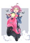  1girl :o absurdres ahoge black_legwear driving ground_vehicle highres honda_giorno hood hoodie jetracer love_live! motor_vehicle pink_hair scooter simple_background smoke solo tennouji_rina thighhighs yellow_eyes 