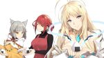  3girls animal_ears bangs blunt_bangs bodysuit breasts cat_ears chest_jewel food large_breasts multiple_girls nia_(xenoblade) onigiri pyra_(xenoblade) red_eyes red_hair short_hair silver_hair simple_background swept_bangs vess_(xenoblade) white_background xenoblade_chronicles_(series) xenoblade_chronicles_2 yappen yellow_bodysuit yellow_eyes 