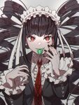  1girl bangs black_hair black_nails bonnet celestia_ludenberg center_frills claw_ring collared_shirt commentary_request danganronpa:_trigger_happy_havoc danganronpa_(series) drill_hair eyebrows_visible_through_hair frilled_jacket frills gothic_lolita hands_up highres jacket kitsunebi_v3kokonn lolita_fashion long_hair long_sleeves looking_at_viewer nail_polish necktie open_clothes open_jacket red_eyes red_necktie shirt simple_background smile solo tongue tongue_out twin_drills twintails 