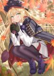  1girl absurdres artoria_pendragon_(caster)_(fate) artoria_pendragon_(fate) autumn autumn_leaves bangs belt black_bow black_gloves black_legwear blonde_hair blue_cape blue_headwear blush bow bowtie buttons cape closed_mouth commentary_request dress eating eyebrows_visible_through_hair fate/grand_order fate_(series) floating_hair food food_on_face forest gloves grass green_eyes hair_between_eyes hair_bow hat highres holding holding_food leaf long_hair long_sleeves looking_at_viewer nature outdoors pantyhose purple_bow purple_bowtie purple_footwear sakurasakimasu4 sidelocks solo squatting sweet_potato tree twintails very_long_hair white_dress 