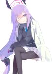  1girl bangs black_jacket black_legwear blue_archive crossed_legs gloves halo head_rest headgear highres holding invisible_chair jacket jacket_on_shoulders kyuuri_(miyako) long_hair long_sleeves low-tied_long_hair one_eye_closed pantyhose pleated_skirt purple_eyes purple_hair simple_background sitting sketch skirt smile solo utaha_(blue_archive) very_long_hair white_background white_skirt 