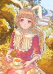 1girl animal_ears bangs blunt_bangs chair cup day flower garden hair_flower hair_ornament highres holding holding_cup light_smile looking_at_viewer original outdoors purple_eyes rabbit_ears short_hair solo table tea tea_party teacup teapot yato_(alphonse59) 