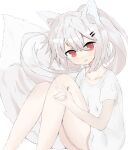  1girl animal_ear_fluff animal_ears bangs closed_mouth collarbone commentary eyebrows_visible_through_hair feet_out_of_frame fox_ears fox_girl fox_shadow_puppet fox_tail grey_hair hair_between_eyes hair_ornament hairclip highres knees_up long_hair looking_at_viewer original ponytail red_eyes shirt short_sleeves simple_background sirotuki_ito sitting smile tail very_long_hair white_background white_shirt 