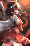  1girl absurdres bow breasts collar detached_sleeves dfra hair_bow hair_tubes hakurei_reimu highres medium_hair nontraditional_miko red_eyes red_shirt red_skirt ribbon-trimmed_sleeves ribbon_trim shirt sideboob sidelocks skirt skirt_set sleeveless solo touhou white_collar 