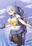 1girl adapted_turret black_legwear blue_eyes blue_sky breasts cannon cloud cloudy_sky cowboy_shot day eyebrows_visible_through_hair eyes_visible_through_hair gloves gun hair_ornament hair_over_one_eye hairclip hamakaze_(kancolle) highres kantai_collection large_breasts looking_at_viewer machinery mast neckerchief ocean outdoors pantyhose pleated_skirt rigging school_uniform serafuku short_hair short_sleeves silver_hair skirt sky smokestack solo standing standing_on_one_leg torpedo torpedo_launcher torpedo_tubes tukimotoreiji turret water weapon white_gloves white_hair yellow_neckerchief 