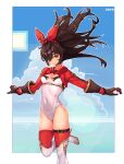  1girl 2049_(hh5566) amber_(genshin_impact) blue_sky boots breasts brown_eyes brown_gloves brown_hair covered_navel cropped_jacket genshin_impact gloves hair_between_eyes hairband high_heel_boots high_heels highres jpeg_artifacts korean_commentary leg_up lens_flare leotard long_hair long_sleeves medium_breasts outdoors red_legwear sky smile solo thigh_boots thigh_strap thighhighs underbust white_footwear 