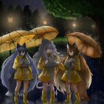  3girls absurdres animal_ears arm_at_side backlighting bangs big_hair blue_eyes blue_hair boots breasts brown_eyes brown_hair buttons closed_mouth commentary drawstring dripping english_commentary extra_ears eyebrows_visible_through_hair ezo_red_fox_(kemono_friends) fox_ears fox_girl fox_tail full_body grey_hair hair_between_eyes hand_up hands_up height_difference highres holding holding_umbrella hood hooded_jacket huge_breasts jacket kemono_friends lamppost large_breasts lion_ears lion_girl lion_tail long_hair long_sleeves looking_at_viewer making-of_available multiple_girls nanoder night open_mouth outdoors over_shoulder parted_lips rain rain_boots raincoat rubber_boots sidelocks silver_fox_(kemono_friends) smile standing tail umbrella very_long_hair walking water white_lion_(kemono_friends) yellow_eyes 