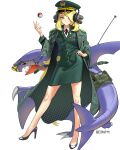  1girl absurdres alternate_costume antennae artist_name blonde_hair camouflage camouflage_jacket choinut999 closed_mouth contrapposto cynthia_(pokemon) full_body garchomp green_jacket green_shirt green_skirt grey_eyes hair_ornament hand_on_hip hat headgear headset high_heels highres jacket korean_commentary legs long_hair looking_at_viewer military military_hat military_jacket military_uniform poke_ball poke_ball_(basic) pokemon pokemon_(creature) pokemon_(game) pokemon_dppt shirt simple_background skirt throwing_poke_ball trench_coat uniform very_long_hair white_background 
